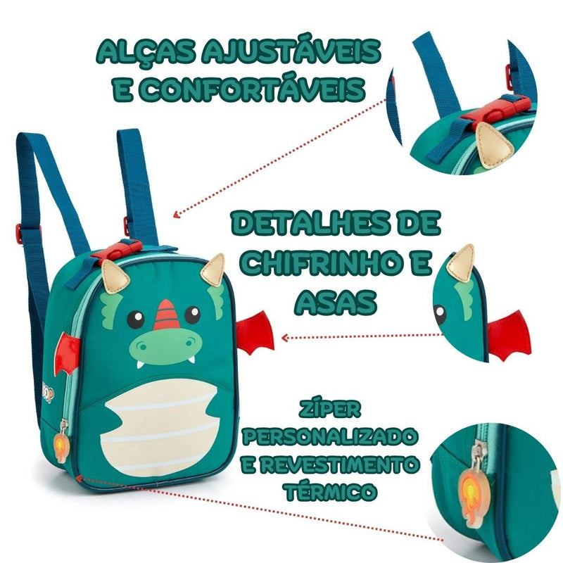 Kit Mochila de Costas Dragão Infantil Lancheira Térmica Escolar Masculino Seanite