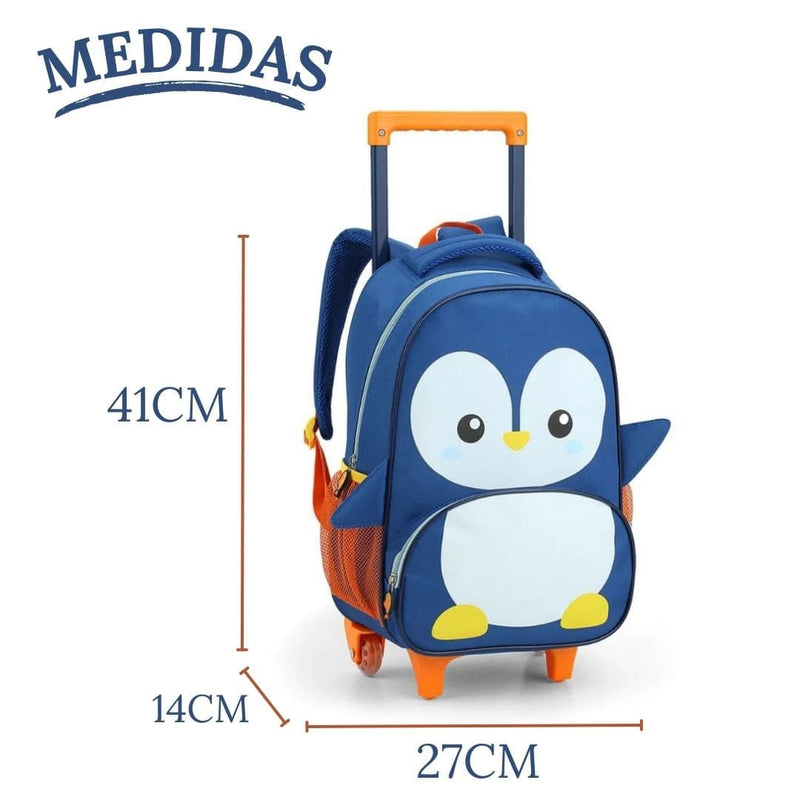 Kit Mochila de Carrinho Pinguim Lancheira Térmica Escolar Masculino Azul Seanite