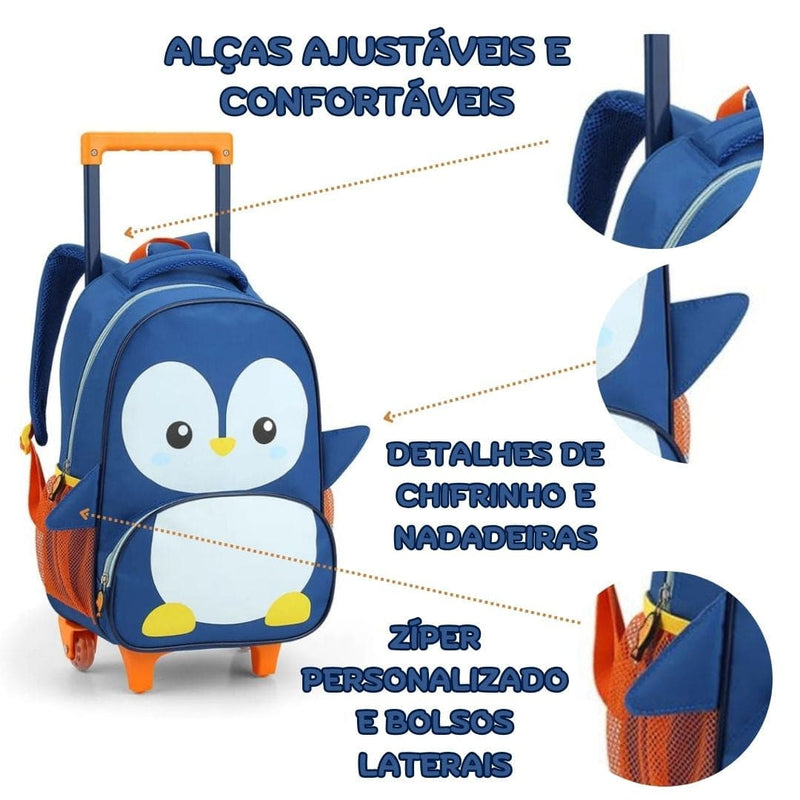 Kit Mochila de Carrinho Pinguim Lancheira Térmica Escolar Masculino Azul Seanite