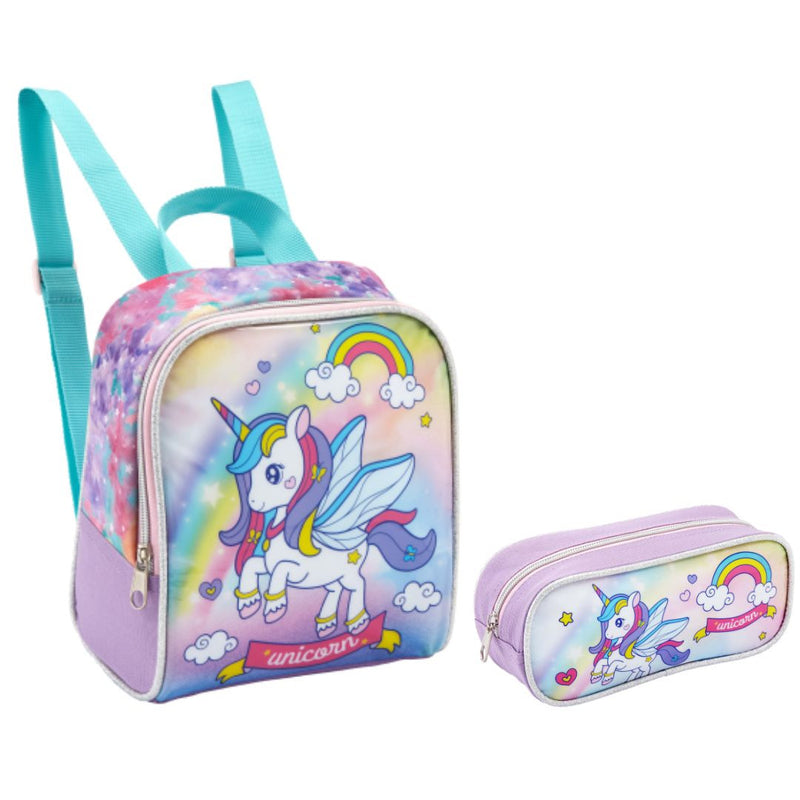 Kit Lancheira Bolsa Térmica Unicórnio com Asas Infantil Estojo Simples Escolar Rainbow Feminino Seanite