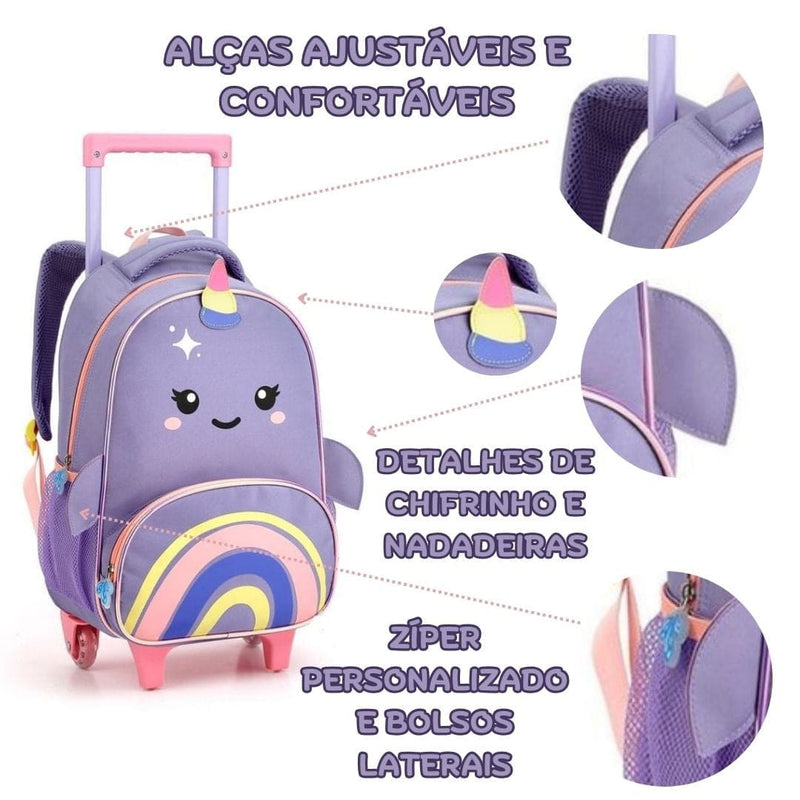 Kit Mochila de Carrinho Baleia Lancheira Térmica Escolar Feminino Lilás Seanite