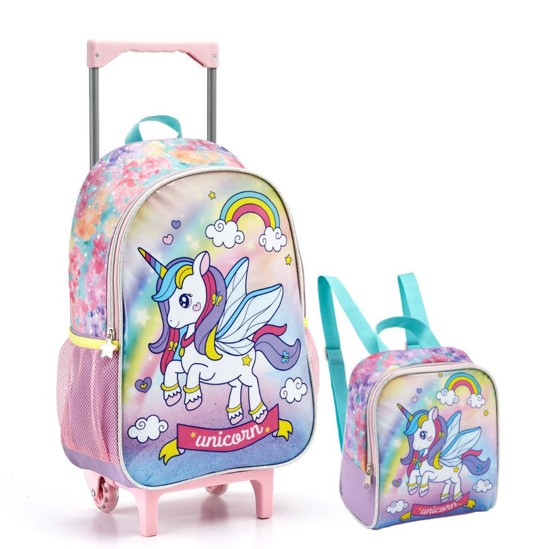 Kit Mochila de Carrinho Unicórnio com Asas Infantil Lancheira Térmica Feminino Escolar Rainbow Seanite