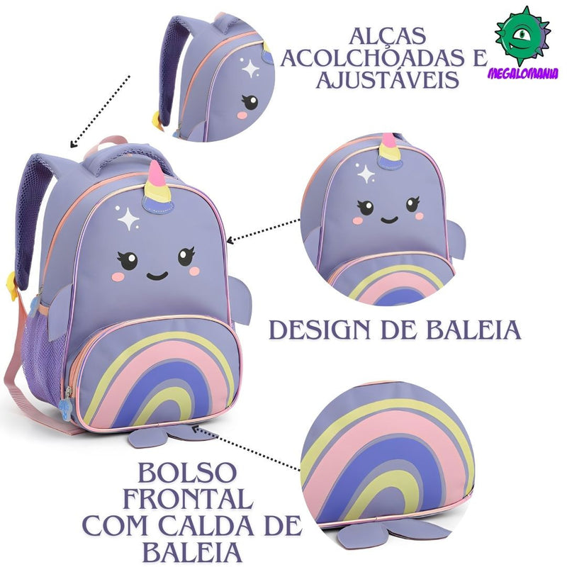 Kit Mochila de Costas Baleia Infantil Lancheira Térmica Bolsa Escolar Seanite