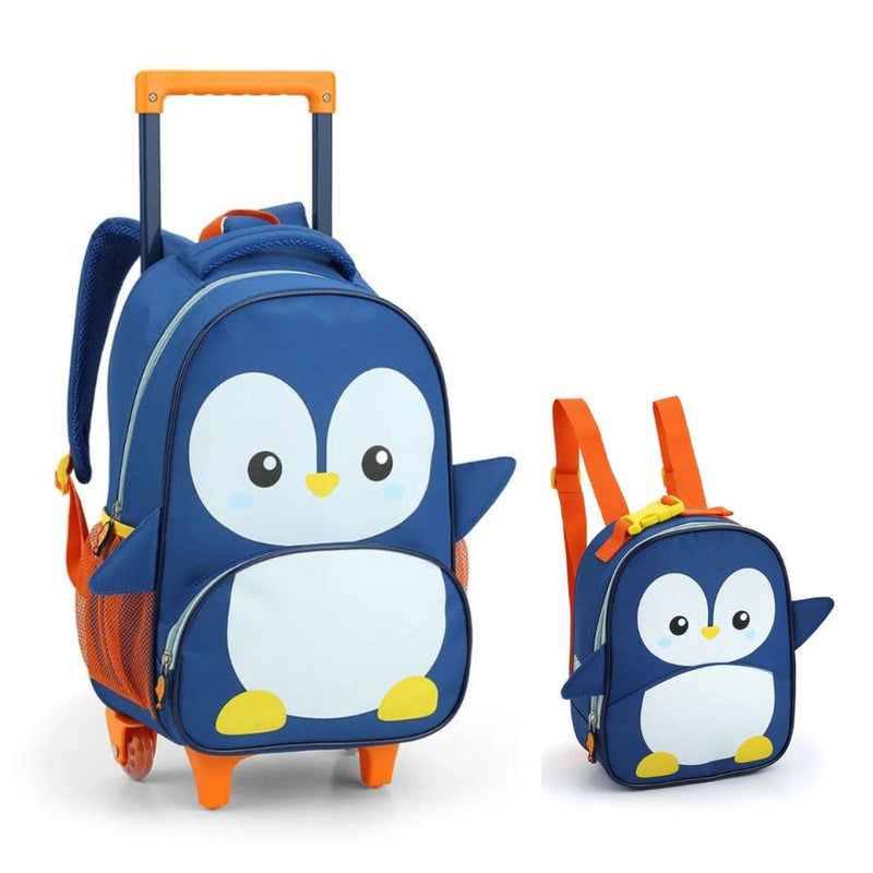 Kit Mochila de Carrinho Pinguim Lancheira Térmica Escolar Masculino Azul Seanite