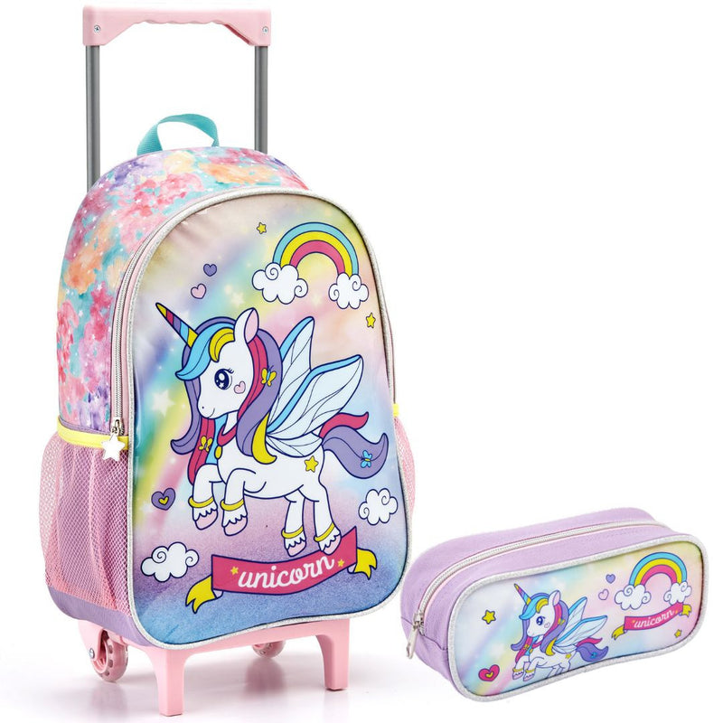 Kit Mochila de Carrinho Unicórnio com Asas Infantil Estojo Simples Escolar Feminino Rainbow Seanite