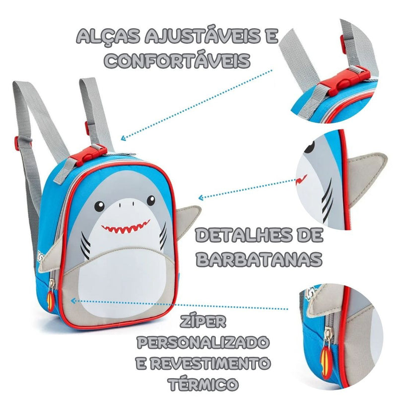 Kit Mochila de Costas Tubarão Infantil Lancheira Térmica Escolar Masculino Meninos Seanite