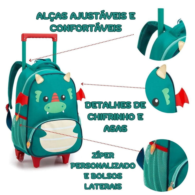 Kit Mochila de Carrinho Dragão Lancheira Térmica Escolar Masculino Verde Seanite