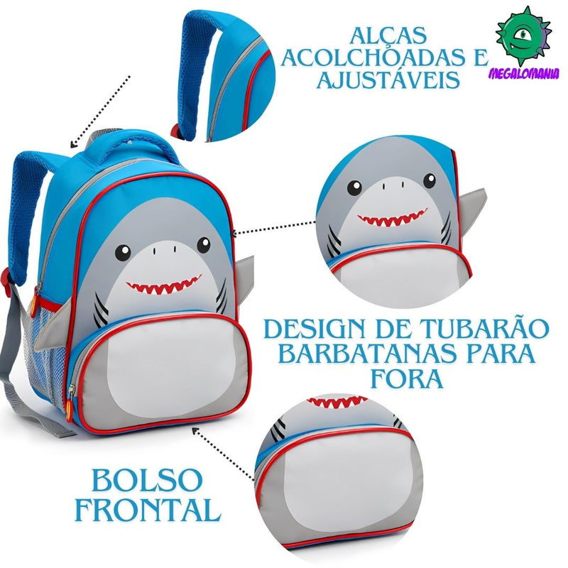 Kit Mochila de Costas Tubarão Infantil Lancheira Térmica Escolar Masculino Meninos Seanite