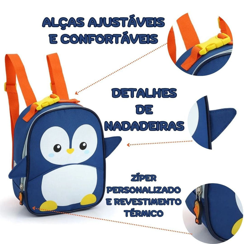 Kit Mochila de Carrinho Pinguim Lancheira Térmica Escolar Masculino Azul Seanite