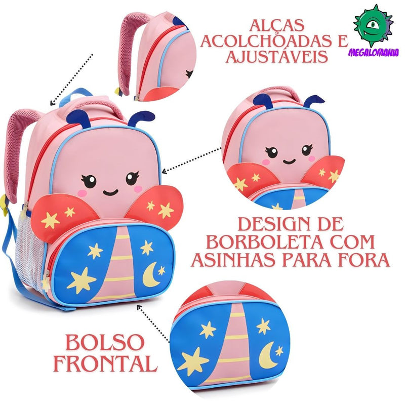 Kit Mochila de Carrinho de Costas Borboleta Infantil Lancheira Térmica Escolar Feminino Seanite