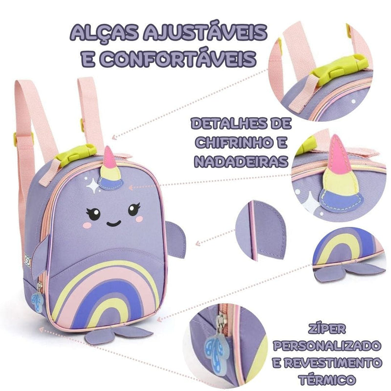 Kit Mochila de Carrinho Baleia Lancheira Térmica Escolar Feminino Lilás Seanite