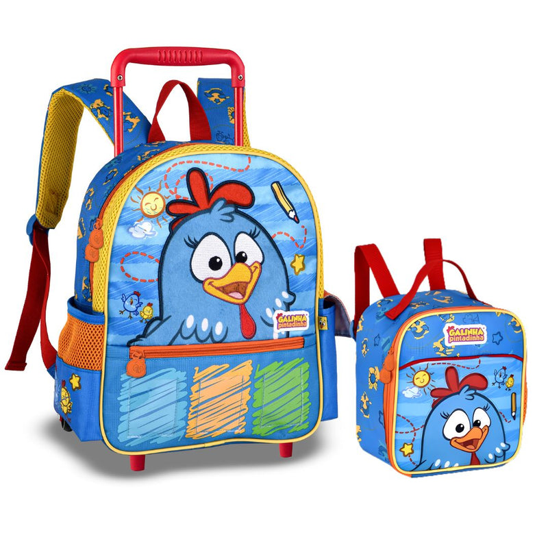 Kit Mochila de Carrinho Galinha Pintadinha Mala Bolsa Lancheira Térmica Duas Alças Infantil Escolar Clio