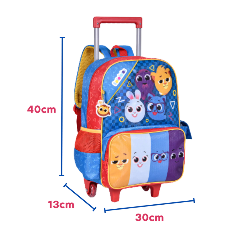 Mochila Infantil Escolar com Rodinhas Creche Menino Menina Kids Bolofofos Oficial 16'' Azul e Vermelho - Clio