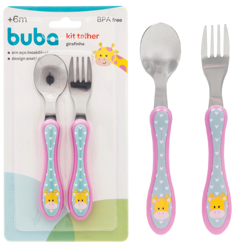 Kit Talher Bebê Introdução Alimentar Infantil Garfo + Colher Girafinha Buba