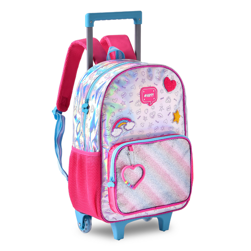 Kit Mochila de Carrinho Holográfica Mala Bolsa Lancheira Térmica Duas Alças Estojo Duplo Juvenil Meninas Escolar Clio